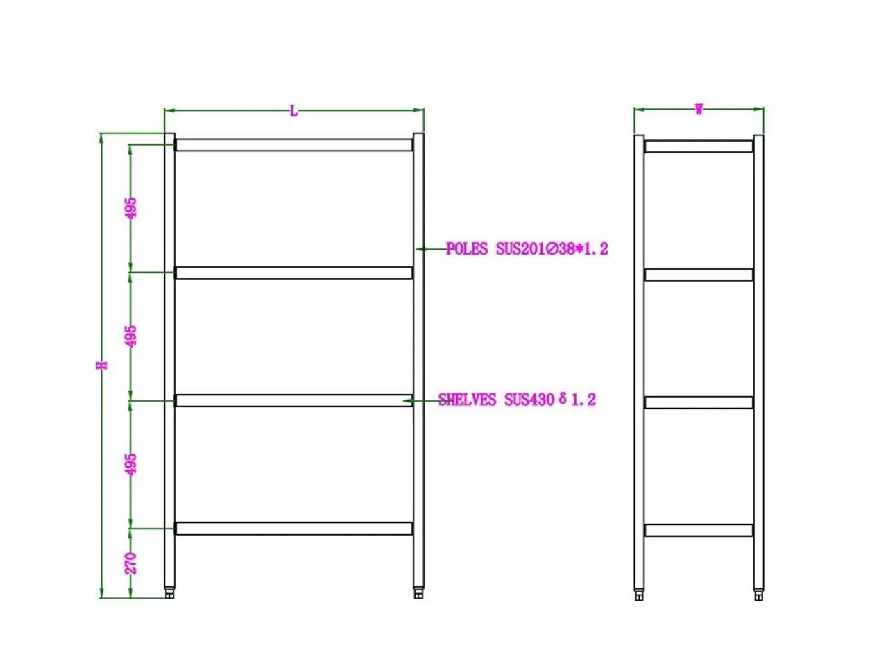 Billede 2 -  Stål reol med 4 hylder – B1200 x D500 x H1800 mm