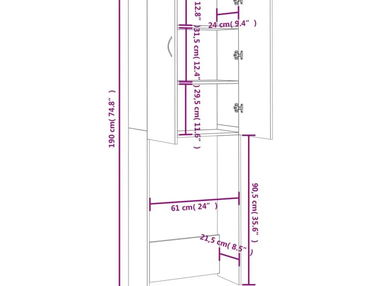 Billede 10 - Badeværelsesskab til vaskemaskine 64x25,5x190 cm hvid