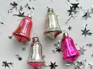 Vintage julekugler, pink/sølv klokker, 4 stk samlet