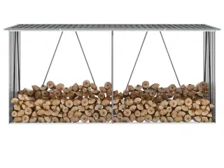 Brændeskur til haven galvaniseret stål 330x84x152 cm grå