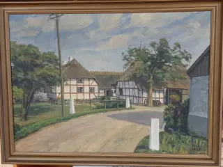 Oliemaleri af landbrugsejendom i landsby