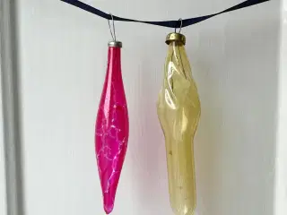 Vintage julekugler, pink og gul istap, 2 stk samlet
