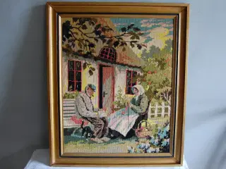 Broderi med mand og kone på bænk